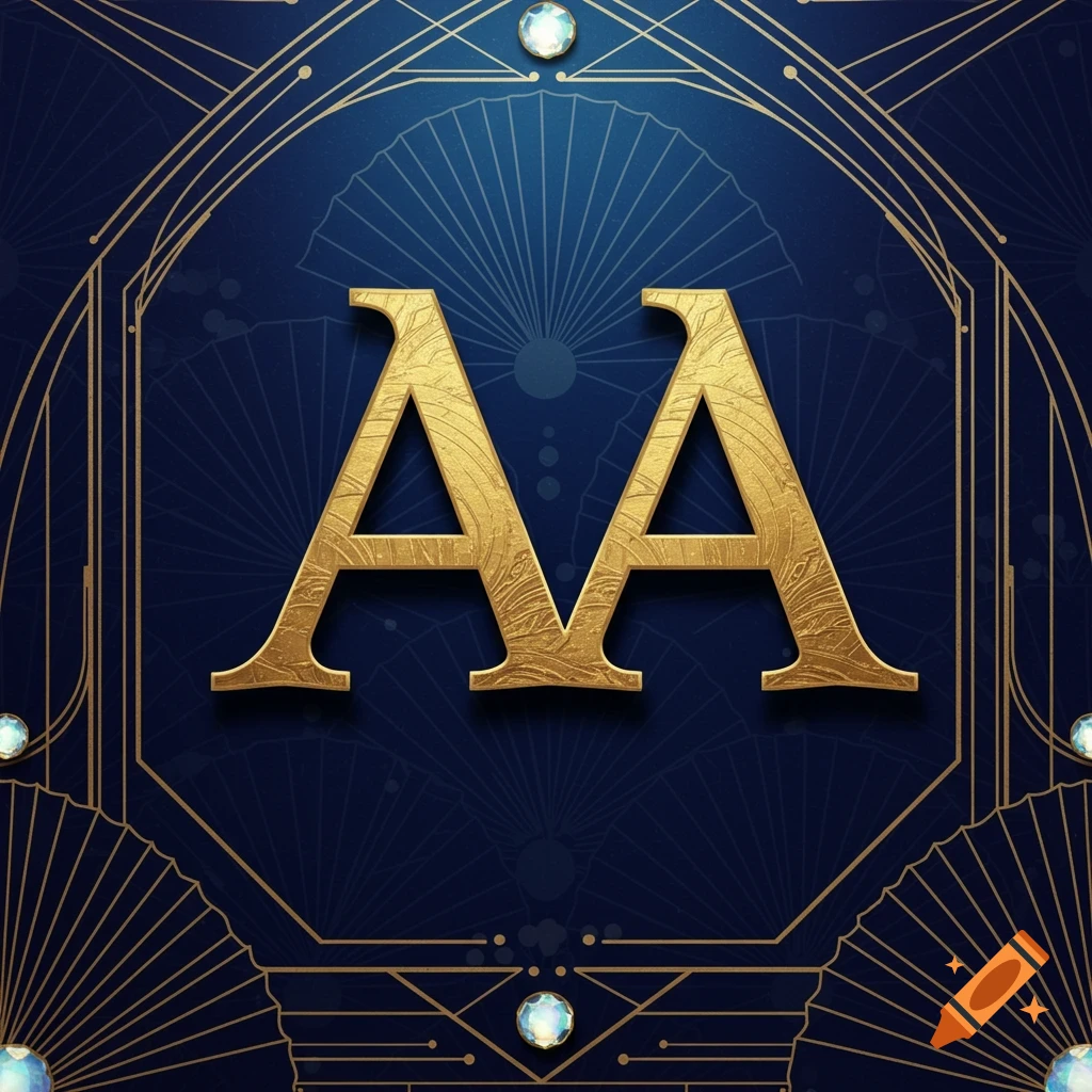 Two ornate golden 'AA' letters centered on a dark blue background with intricate golden Art Deco patterns and sparkling jewels.