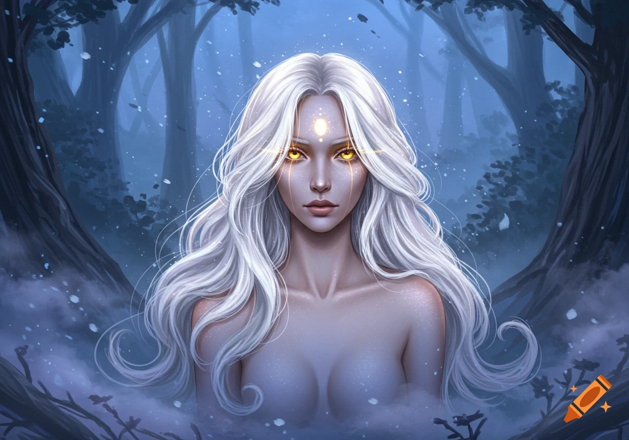 A white-haired, pale-skinned woman with glowing golden eyes and mystical facial markings, rising from mist in a snowy dark forest. Digital art.