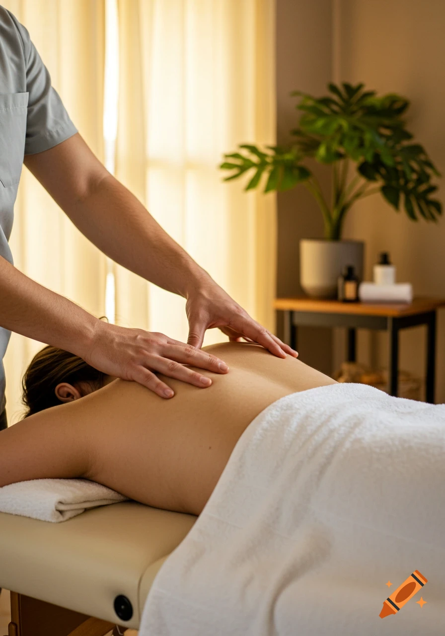 Person receiving a back massage in a warm, dimly lit spa room with a plant and white towels.