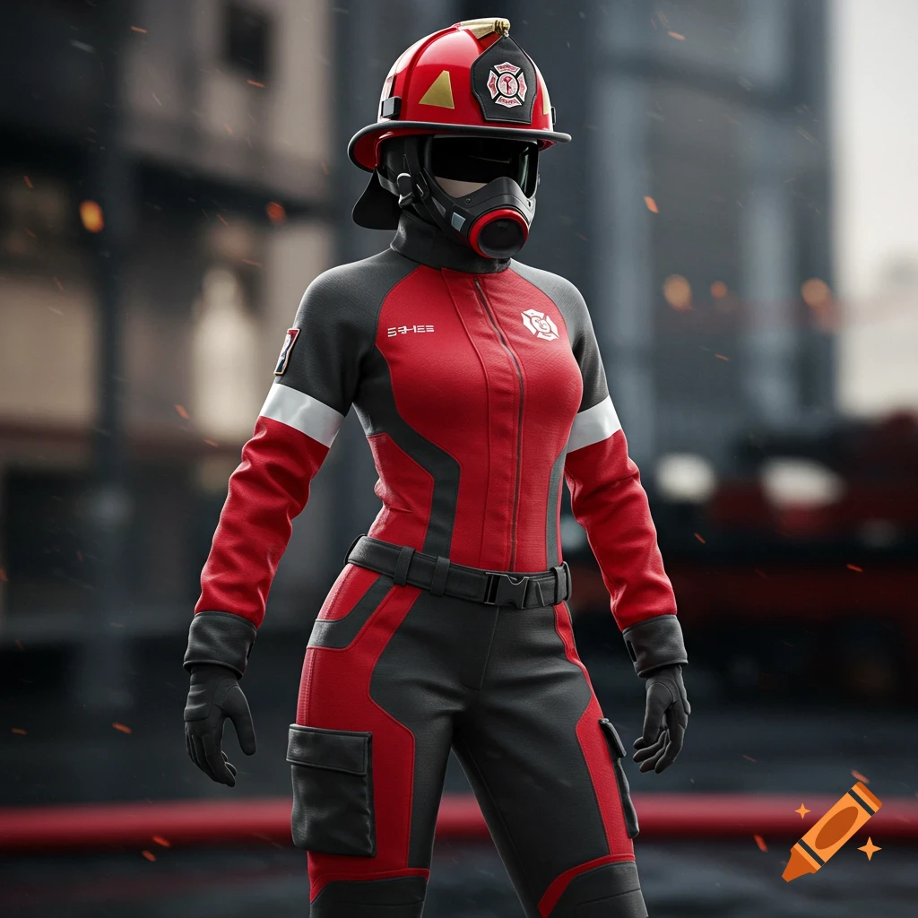 A stylized female firefighter in a modern, form-fitting red and dark gray uniform with a helmet and respirator mask, standing in a city setting.