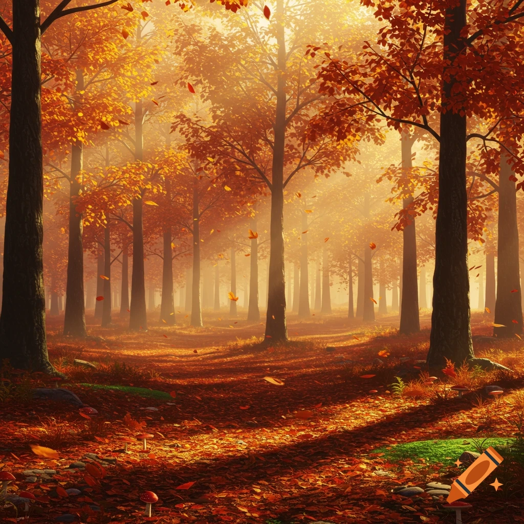 A path winding through a misty autumn forest filled with tall trees, golden-orange leaves, and dappled sunlight.