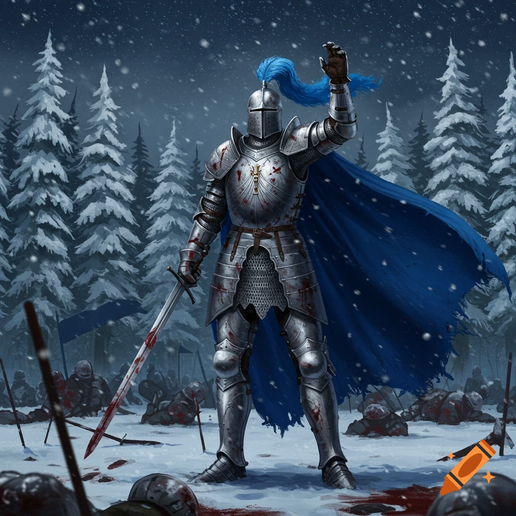 A blood-splattered knight in silver armor and a blue cape stands on a snowy battlefield with a sword, raising a hand amidst fallen soldiers.