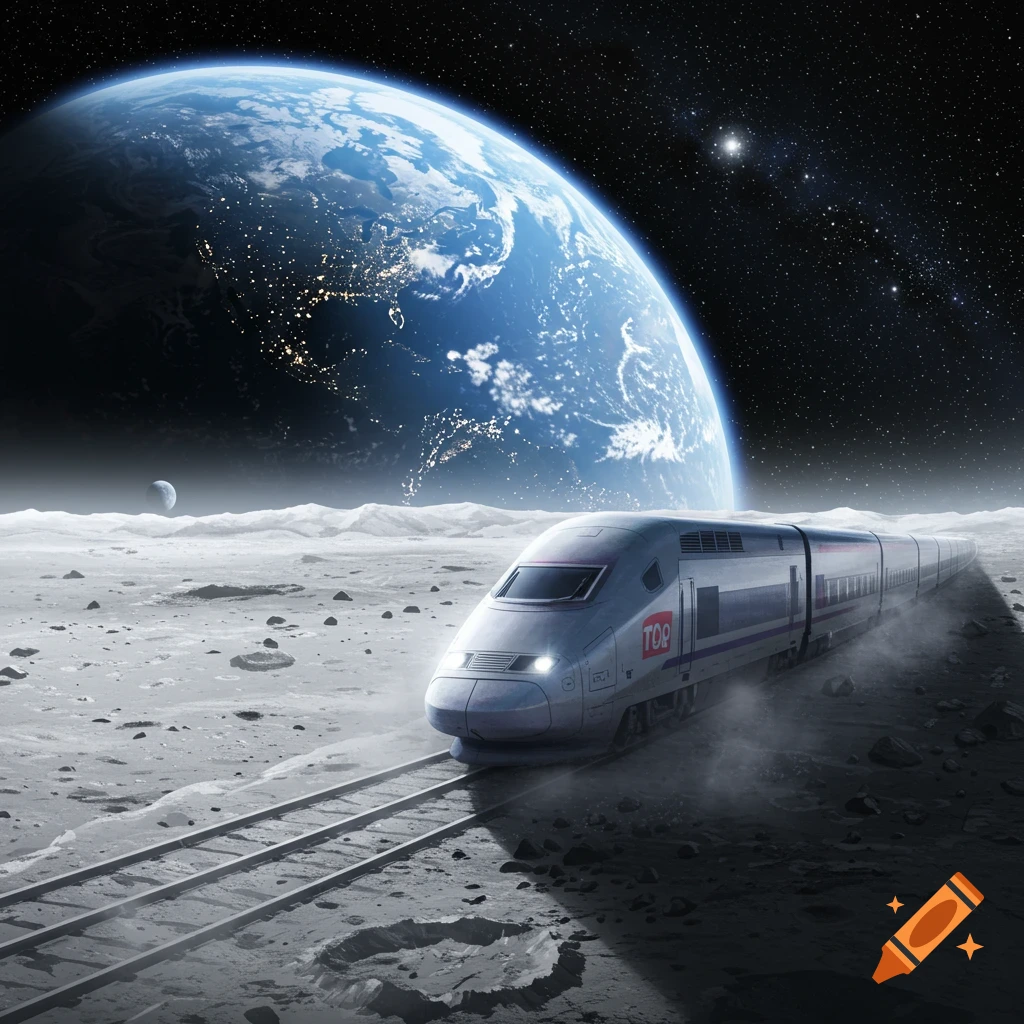 A futuristic high-speed train travels across the cratered surface of the moon, with a large, glowing Earth dominating the starry sky in the background.