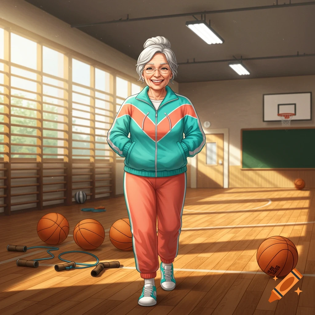 An illustration of a smiling elderly woman in a teal and orange tracksuit standing in a brightly lit gym with basketballs and jump ropes.