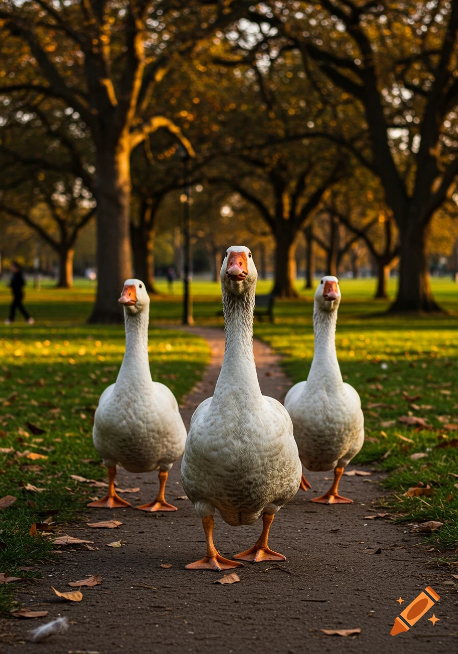 Three white geese with orange beaks stand prominently on a pathway in a sunlit autumn park, looking forward. Photorealistic.