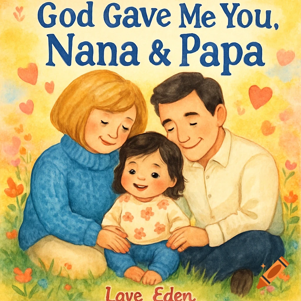 Watercolor illustration of a baby girl with Nana and Papa on a grassy field. Text: 'God Gave Me You, Nana & Papa Love, Eden'.