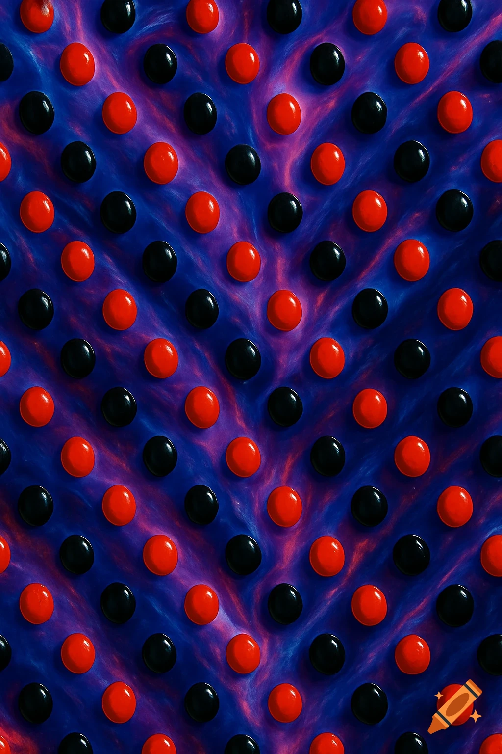 A repeating pattern of alternating shiny red and black spheres on a swirling blue and purple plasma background.