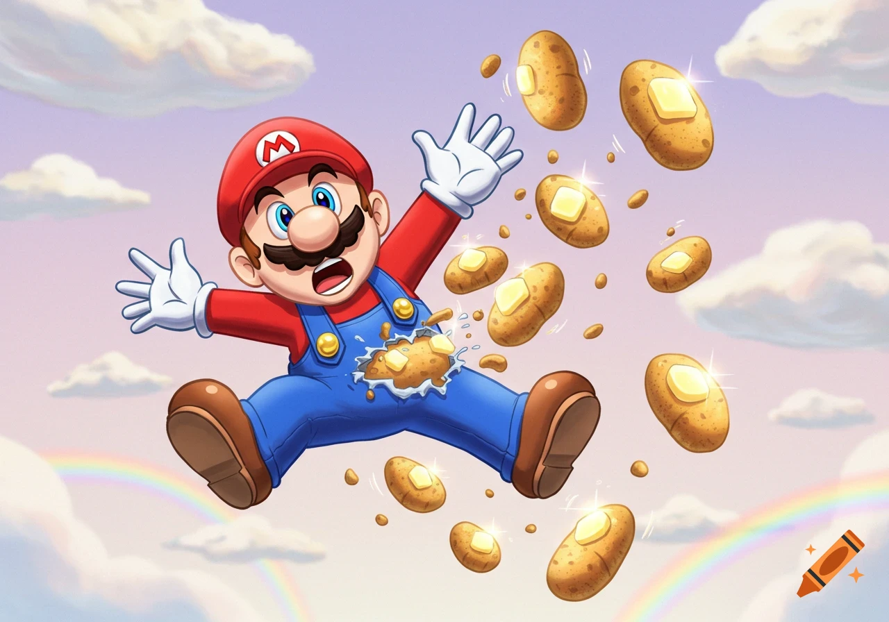 Cartoon Mario with a surprised expression, falling as mashed potatoes burst from his overalls, surrounded by flying whole potatoes in a cloudy sky with a rainbow.