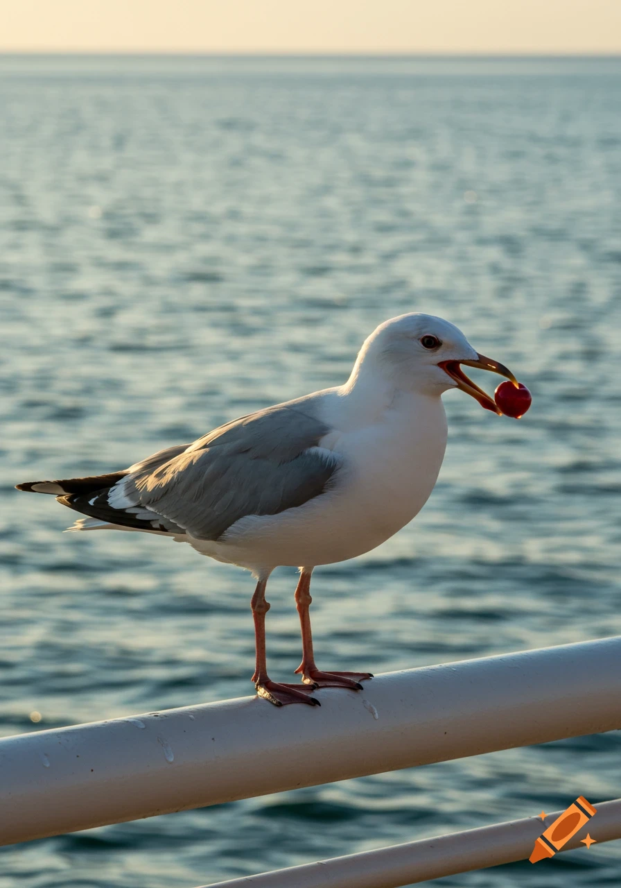 A photorealistic image of a seagull holding a red cherry in its beak, standing on a white railing with the sea in the background.