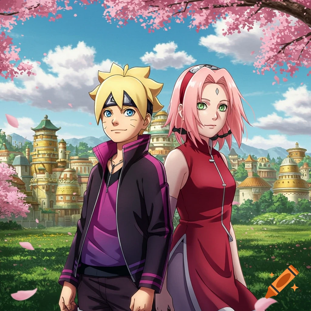 Anime characters Boruto and Sakura stand in a field with cherry blossom trees and a village under a blue sky.