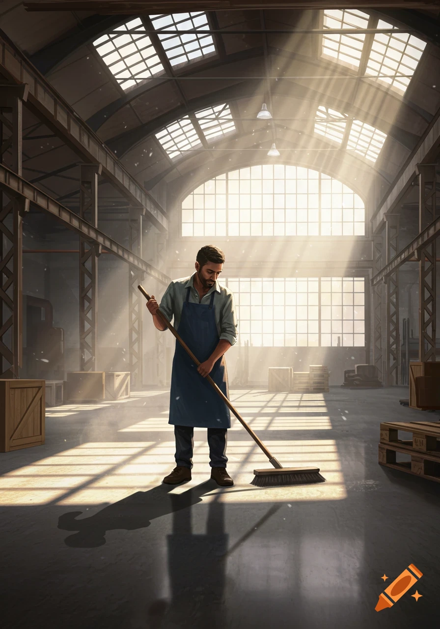A man in an apron sweeps the floor of a large, sunlit warehouse, with bright light streaming through high windows.