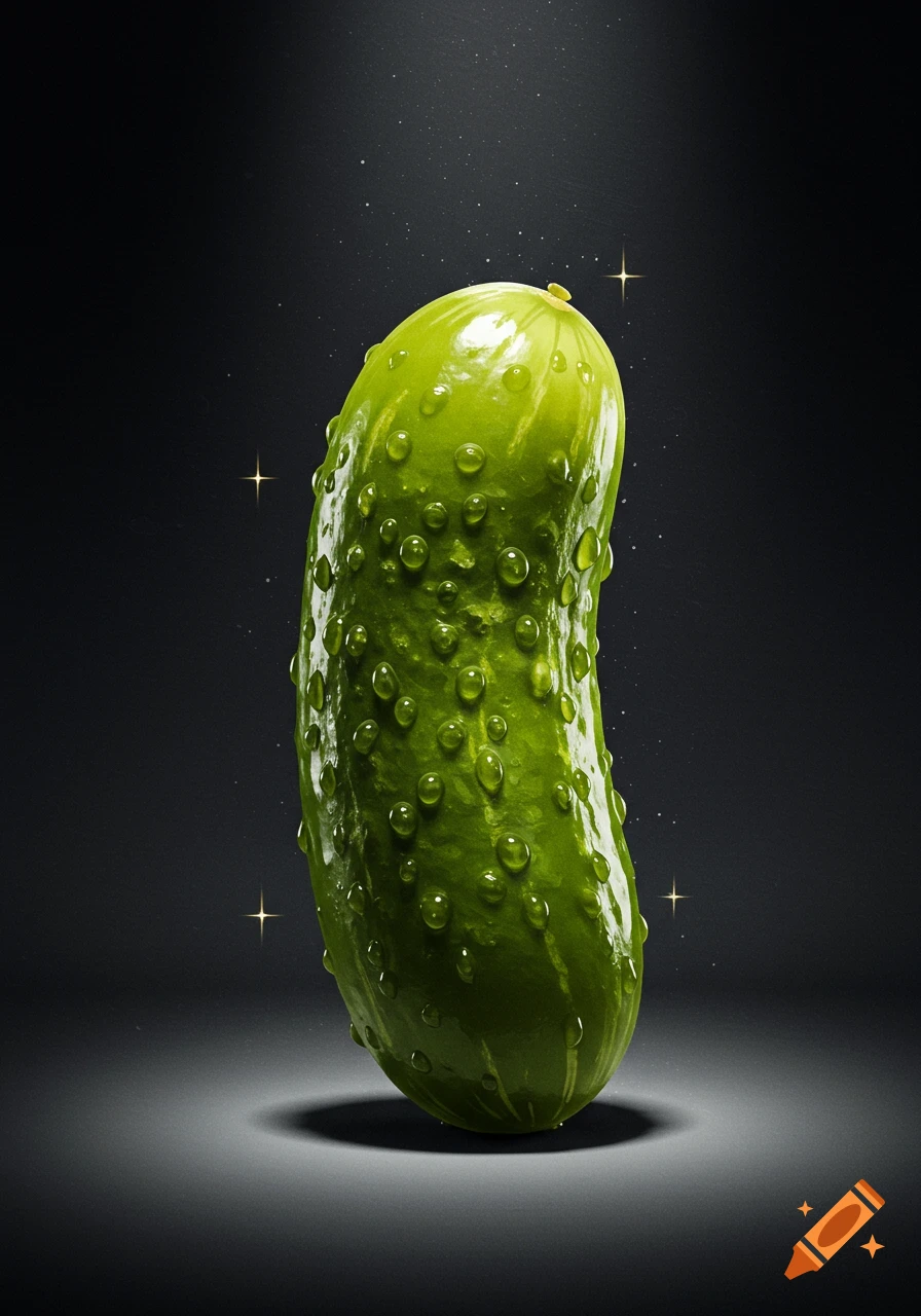 A vibrant green cucumber stands upright, covered in glistening water droplets, against a dark background with subtle sparkling lights.