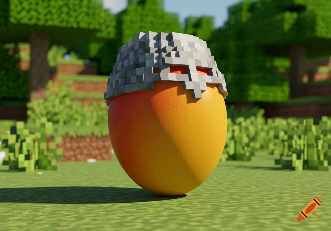 A photorealistic mango wearing a pixelated Minecraft chainmail helmet sits on blocky grass in a bright, blocky landscape.