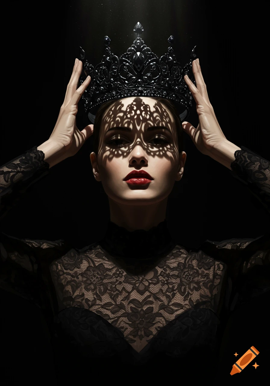 Dramatic fashion portrait of a woman in a black lace dress and ornate black crown, with intricate shadows on her face against a dark background.