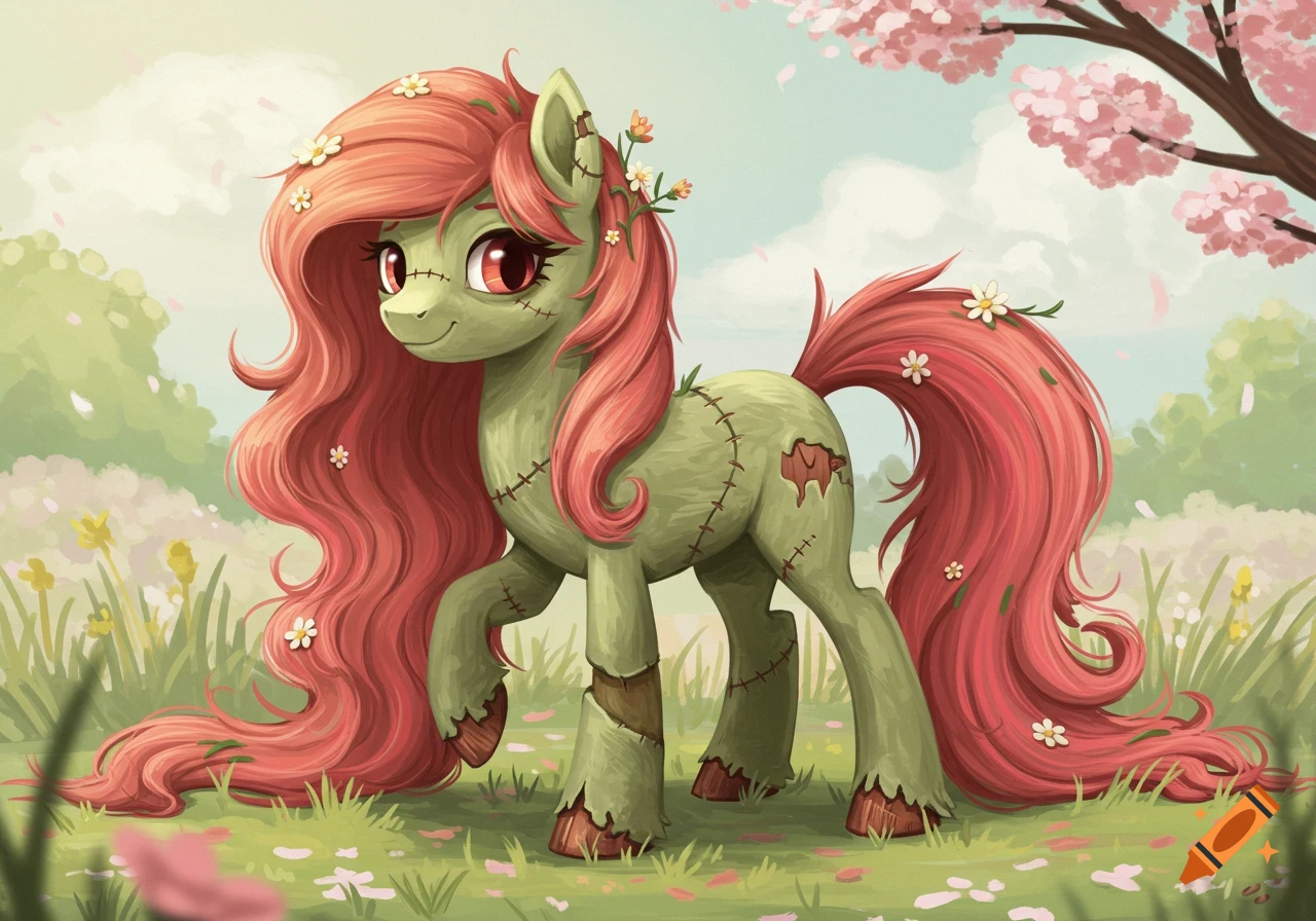 A cartoon My Little Pony-style zombie earth pony with moss-green skin, stitches, and a wavy copper-pink mane with flowers, smiling in a spring field.