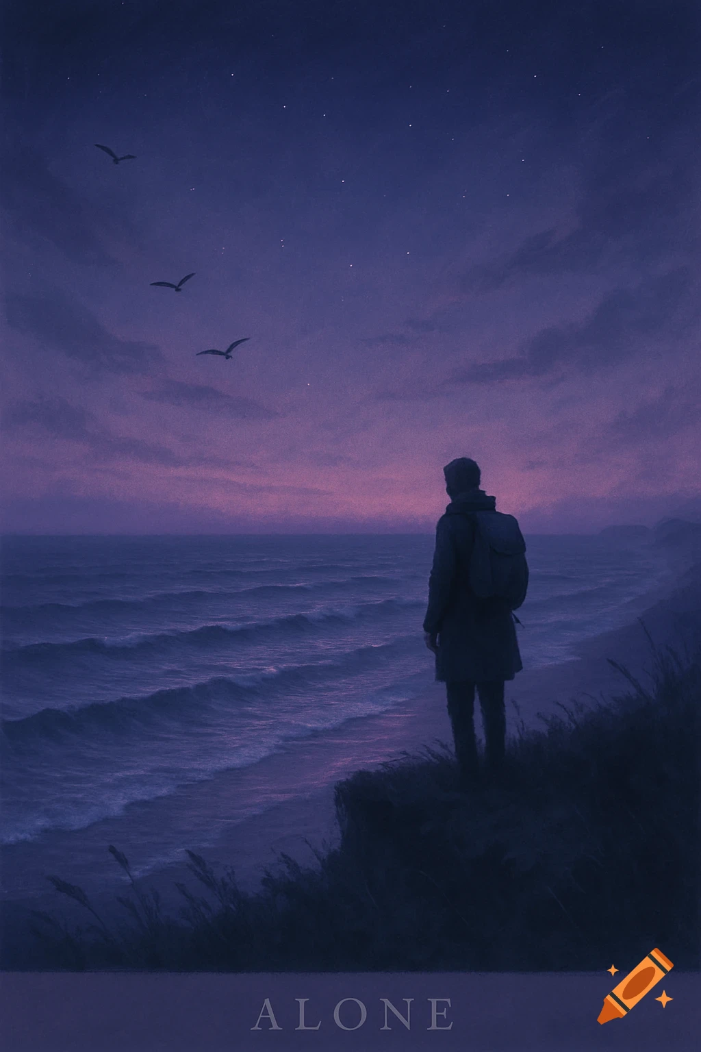 A solitary person with a backpack stands on a cliff overlooking a purple-hued ocean at twilight. The word ALONE is at the bottom.