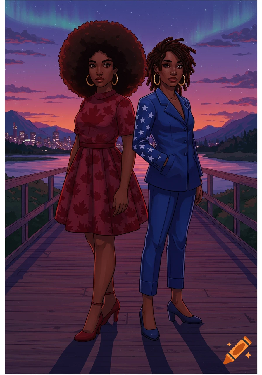 Two Black women, one in a red maple leaf dress, the other in a blue star suit, stand on a bridge at sunset with a city skyline.