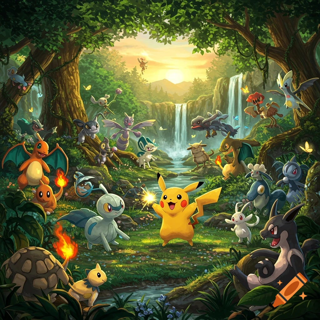 A vibrant illustration of many Pokémon creatures gathered in a lush forest with waterfalls and a sunset. Pikachu is prominent in the foreground.