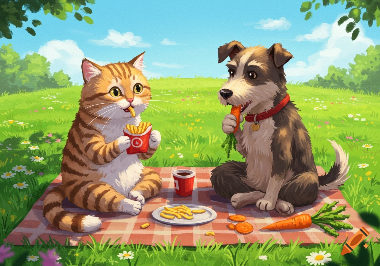 Cartoon cat eating fries and a dog eating a carrot on a picnic blanket in a sunny, grassy field.