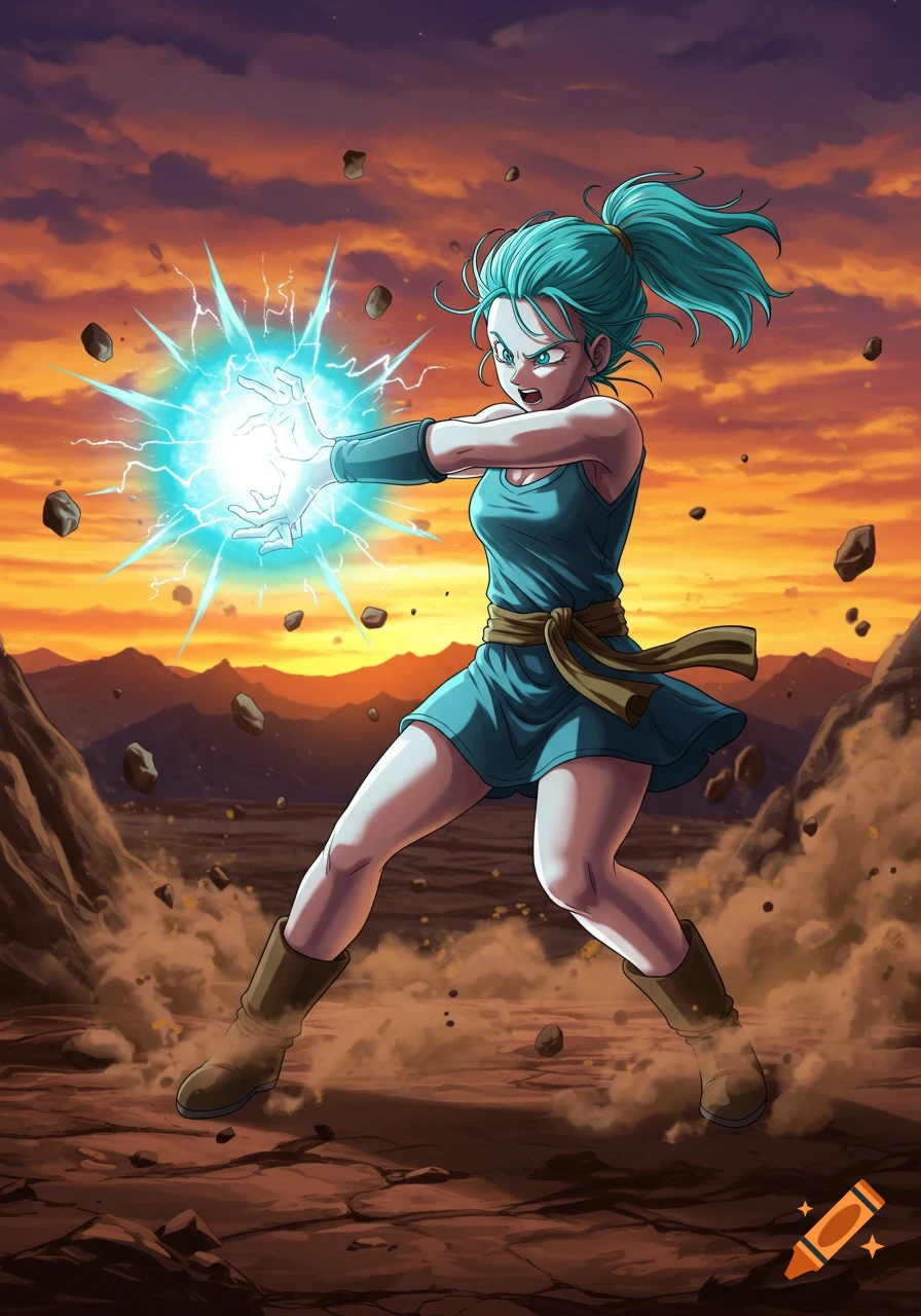 Anime woman with teal hair firing a blue energy blast in a rocky landscape with a sunset sky.