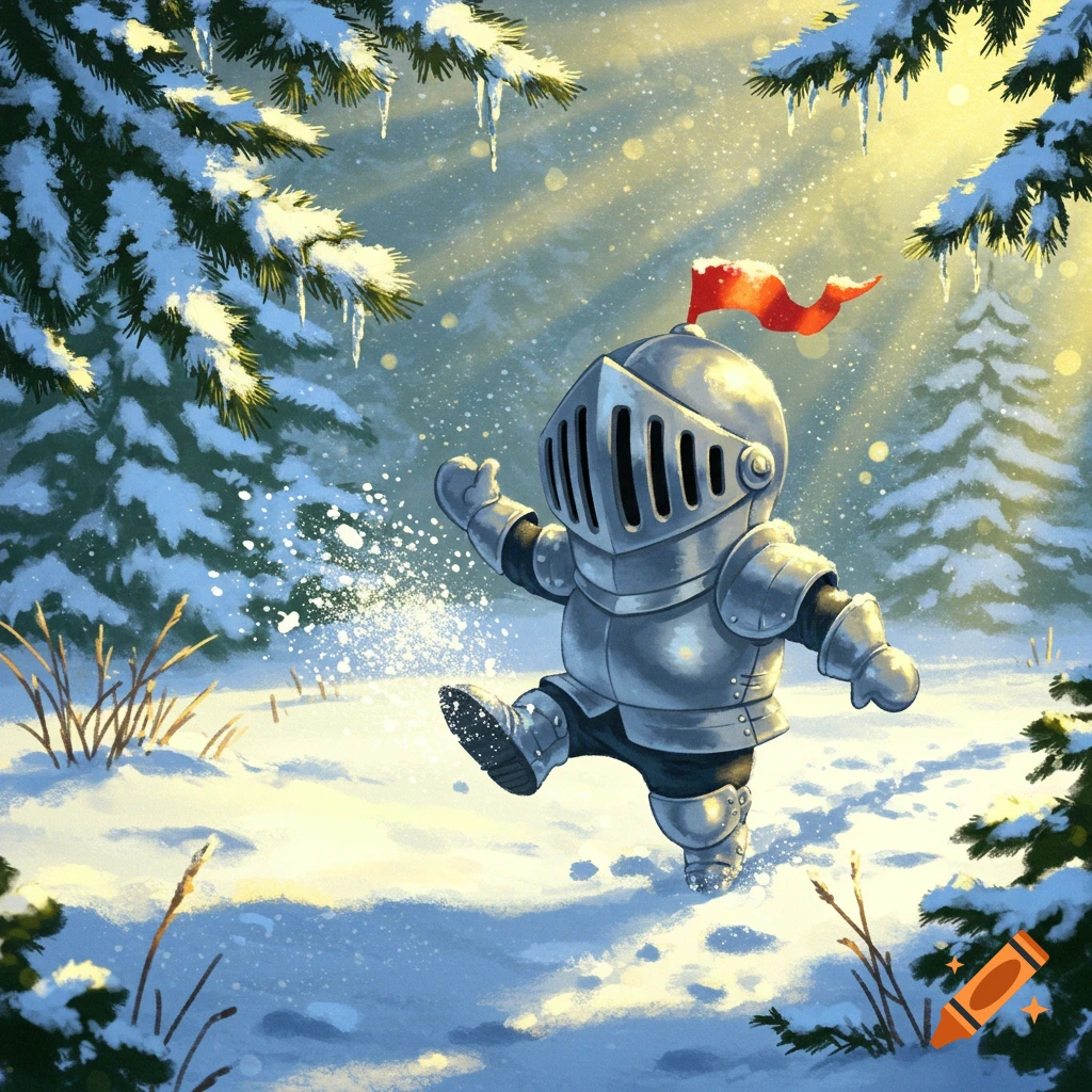 A cute, kid-proportioned knight with a red flag on its helmet plays in a snowy forest with sunlight streaming through the trees.