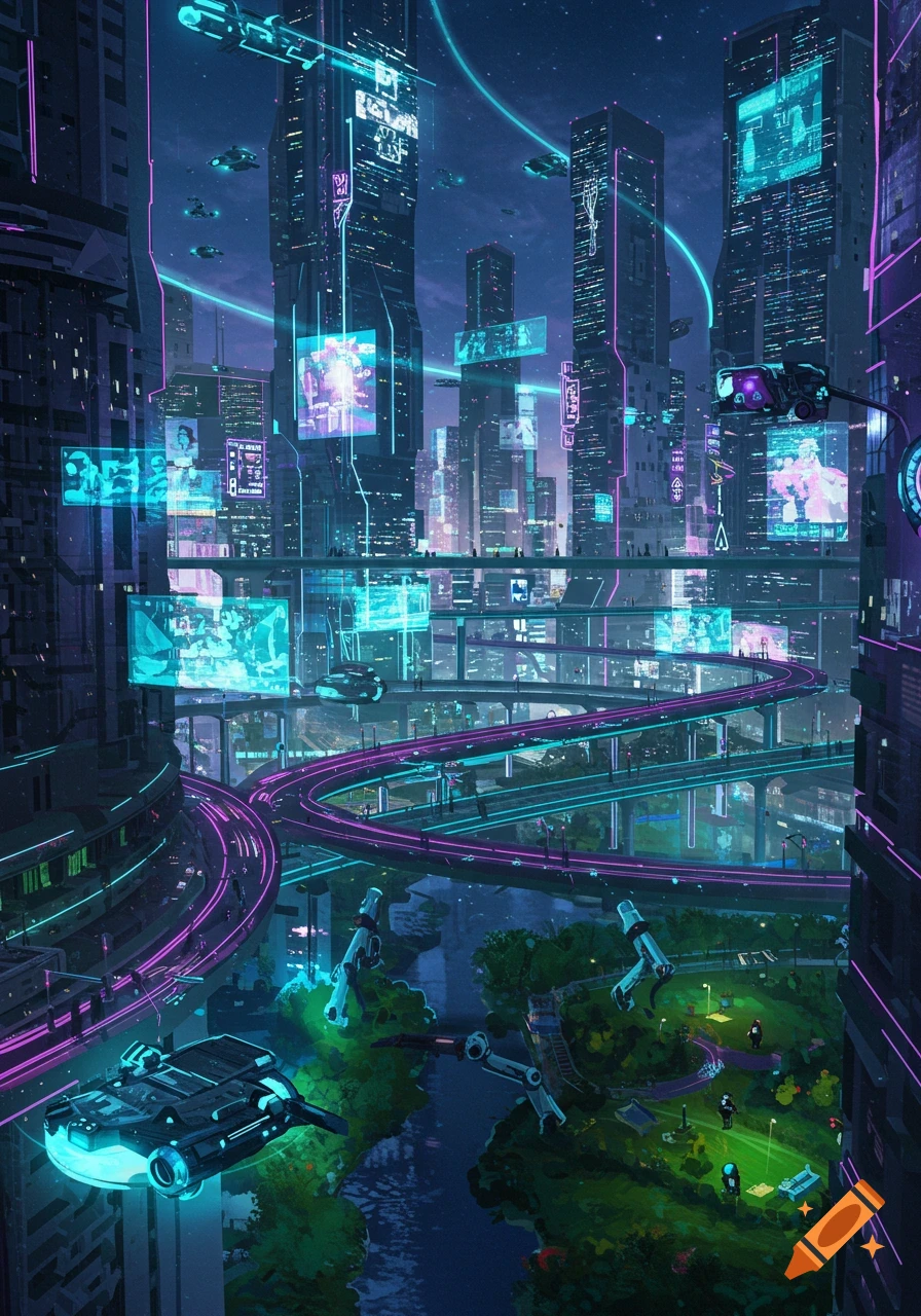 A vibrant, futuristic city at night, featuring towering skyscrapers, glowing neon signs, elevated highways, flying vehicles, and green parks alongside a river.