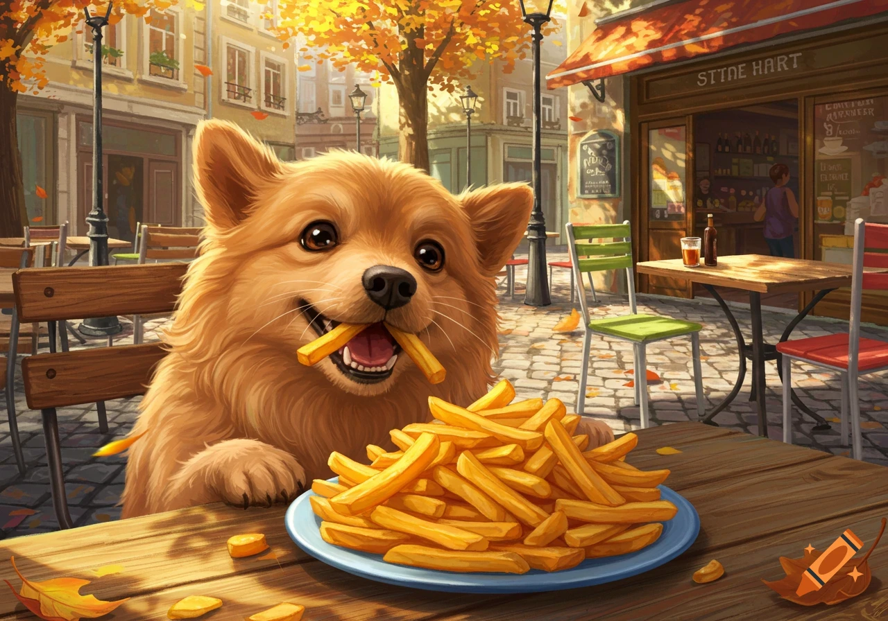 A fluffy brown dog happily holds two French fries in its mouth, sitting at an outdoor cafe table with a large plate of fries in front of it in autumn.