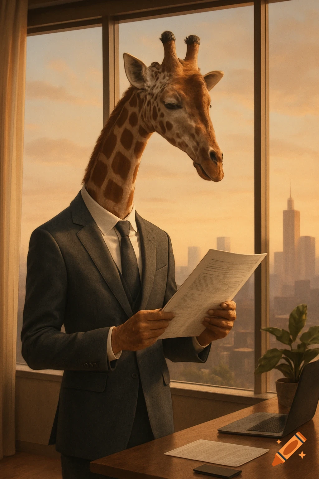 A photorealistic image of a giraffe wearing a suit, reading a report in a sunlit office with a city skyline view.