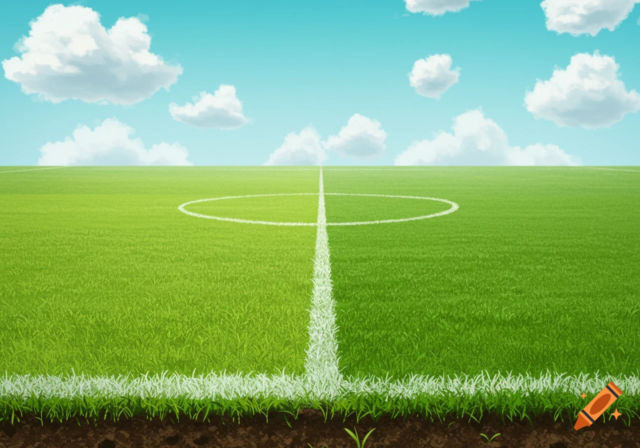 A green soccer field with white markings under a blue sky with white clouds, showing a cross-section of grass and soil.