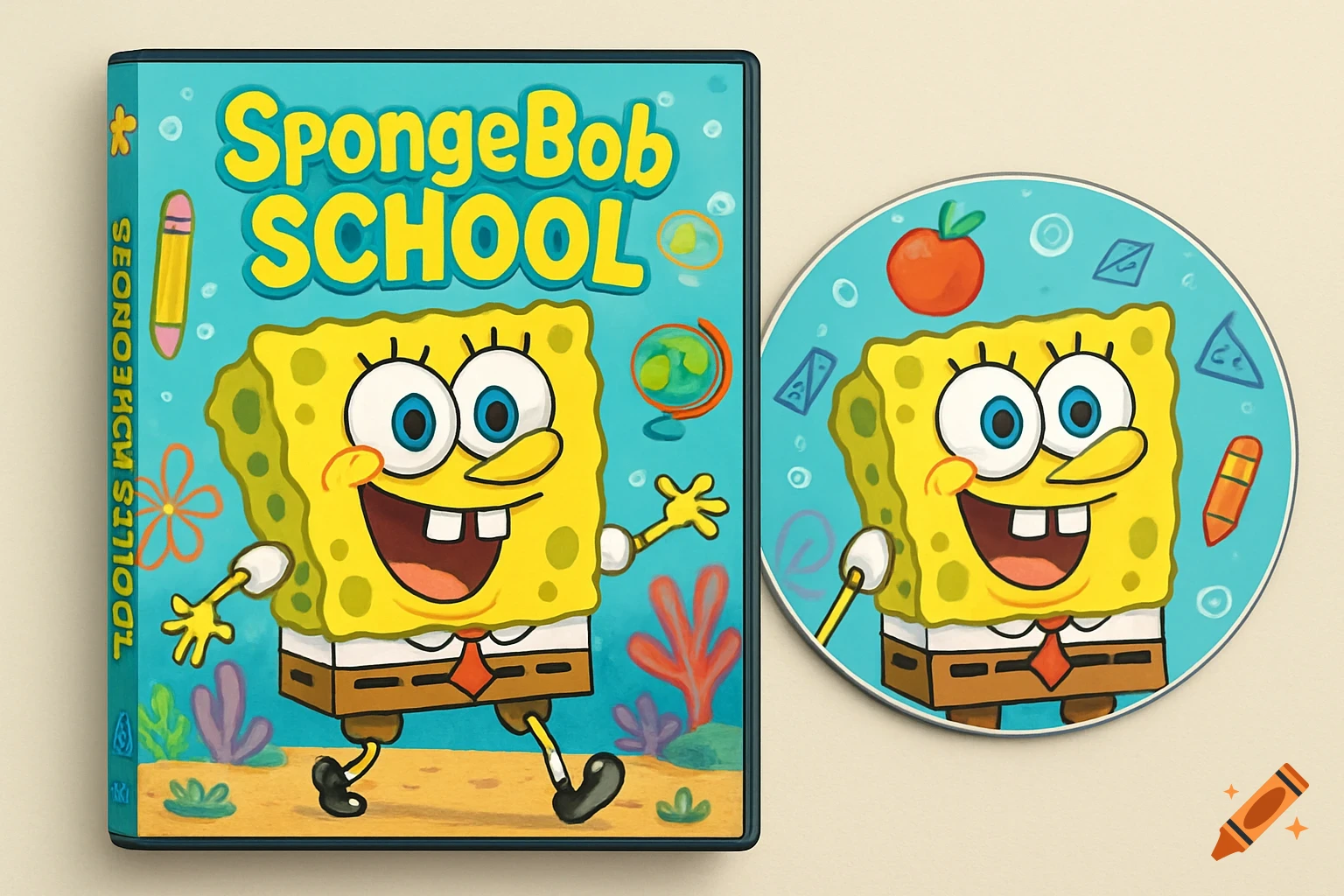 A SpongeBob School DVD case and disc. The DVD cover shows SpongeBob smiling and walking underwater, with text 'SpongeBob SCHOOL'.