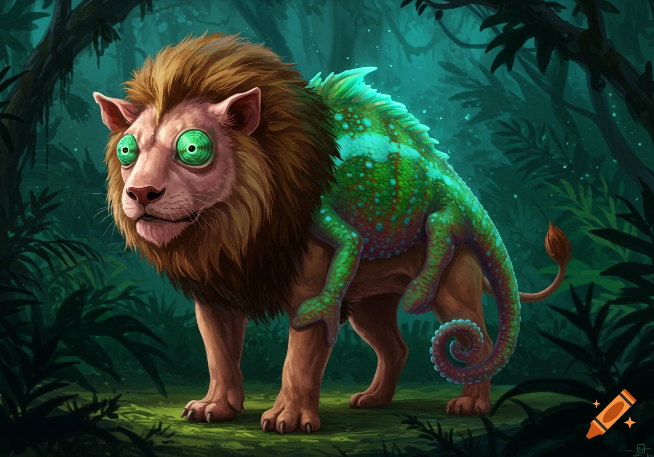 A fantasy creature, part lion and part chameleon, with bright green spiral eyes, stands in a dark, lush jungle.