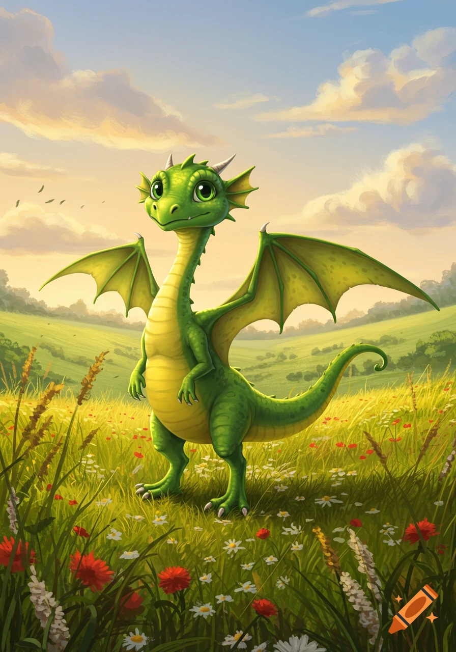 A cute, small green cartoon dragon with a yellow belly and large wings stands in a vibrant, flowery green field under a soft sunset sky.