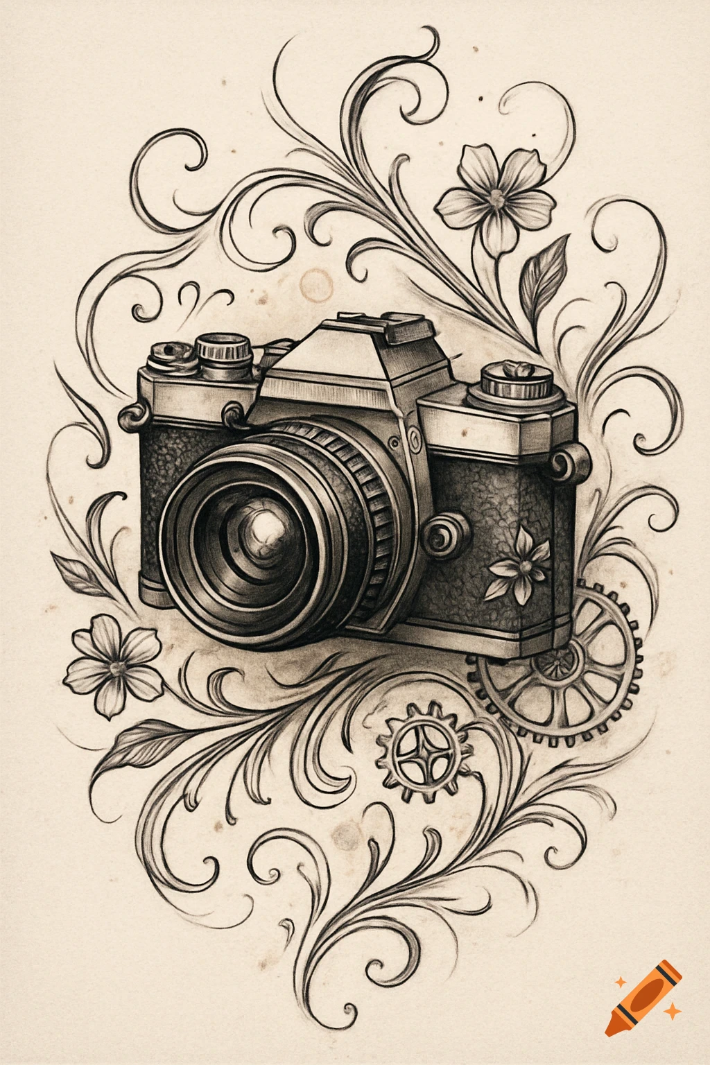 Pencil sketch of a vintage camera surrounded by swirling floral and gear patterns, in a tattoo art style on a light background.