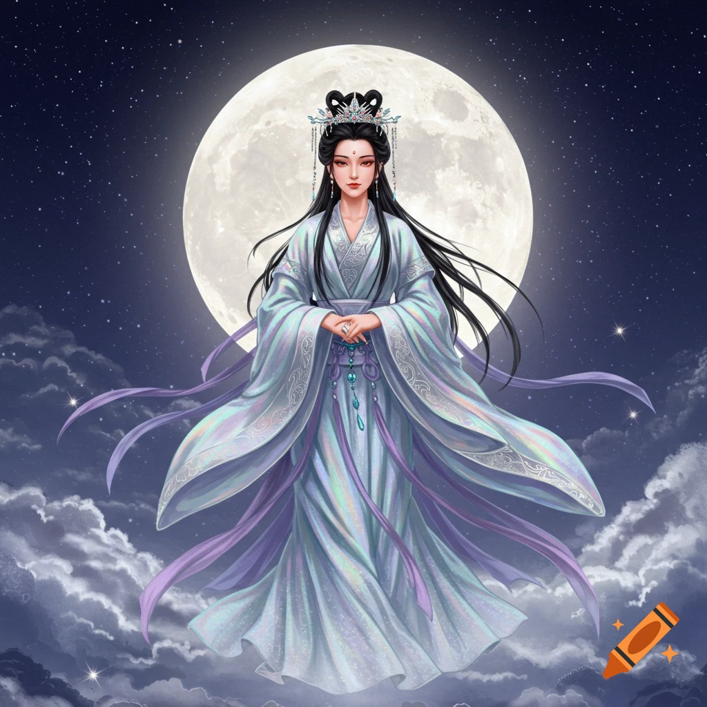 An illustration of the Chinese moon goddess Chang'E in flowing iridescent robes, standing before a large full moon in a starry night sky with clouds.