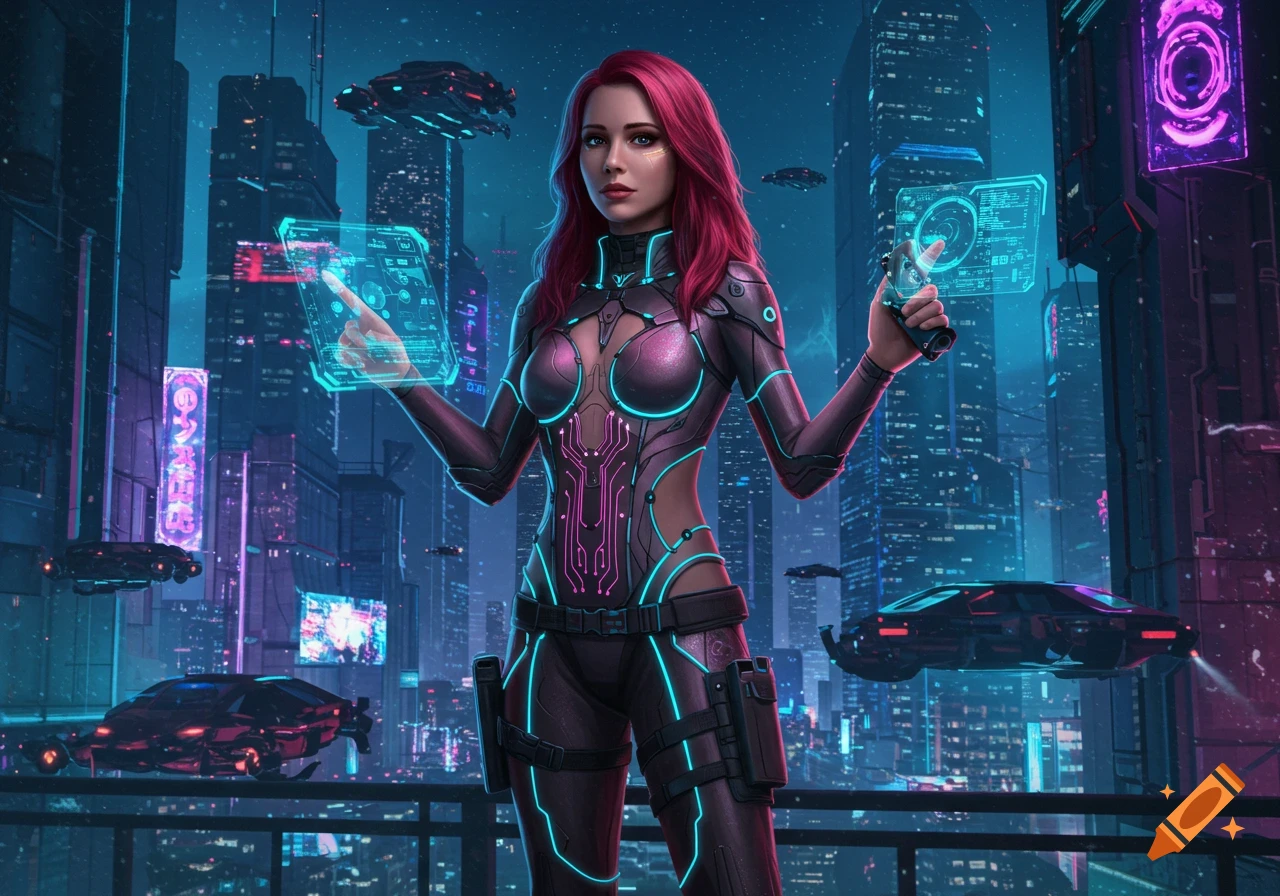 A confident woman with red hair in a glowing, form-fitting sci-fi suit interacts with holographic displays in a vibrant cyberpunk city at night.