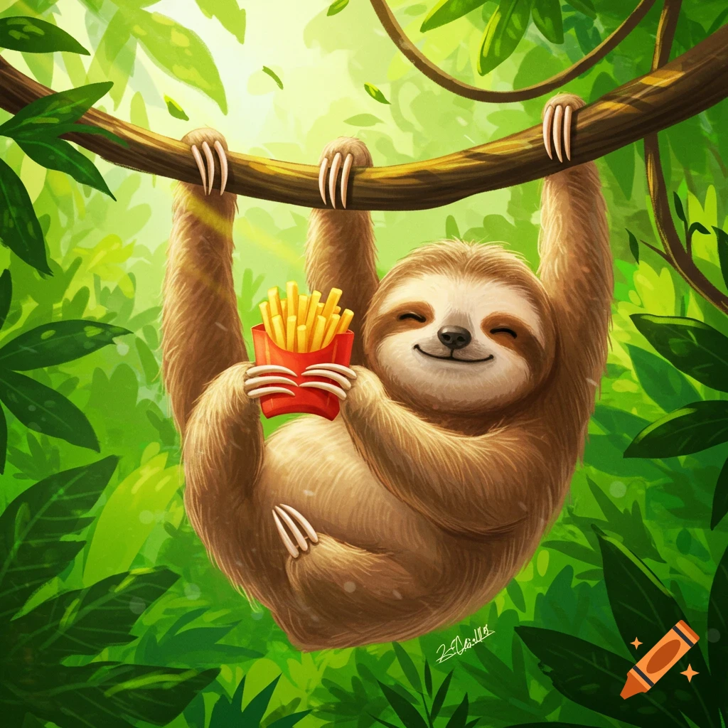 A cute cartoon sloth hangs from a tree branch in a jungle, smiling and holding a red container of french fries.