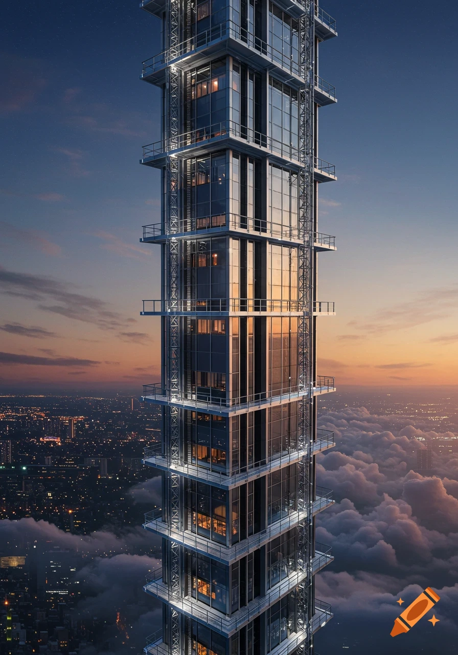 A towering, modern skyscraper with numerous balconies overlooking a city and clouds at sunset, rendered in a photorealistic style.