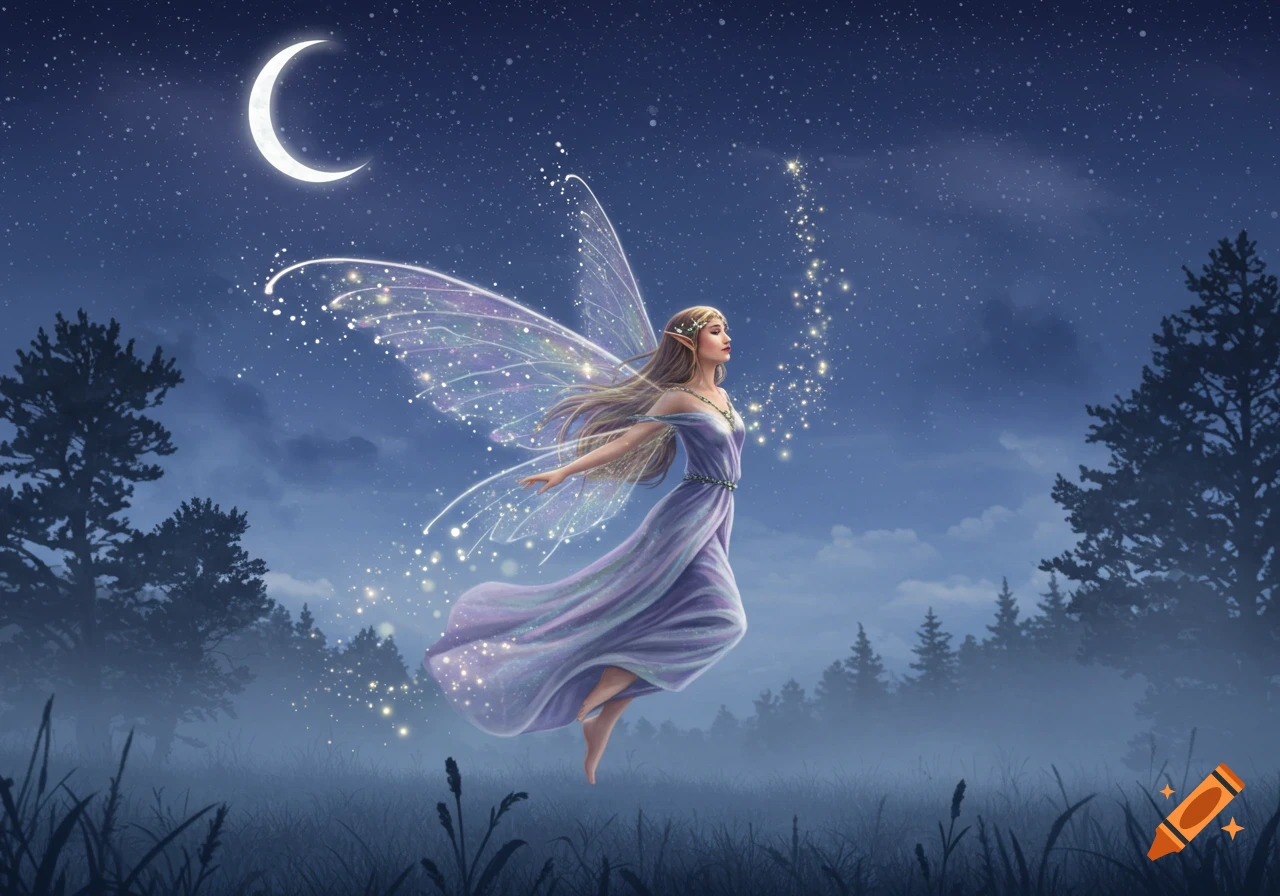 A beautiful fairy with iridescent wings and a purple dress floats in a mystical forest under a crescent moon and starry night sky.