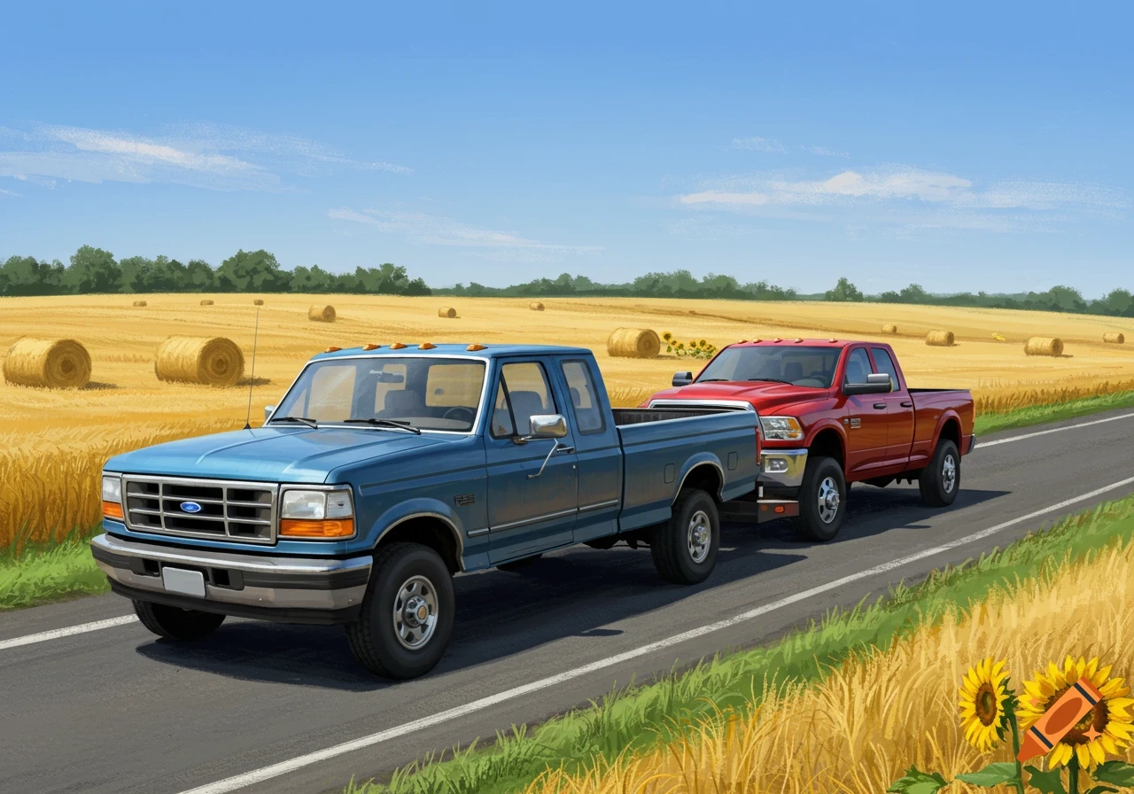 A blue Ford F-series pickup truck being towed by a red Dodge Ram pickup truck on a road through a golden hay field.
