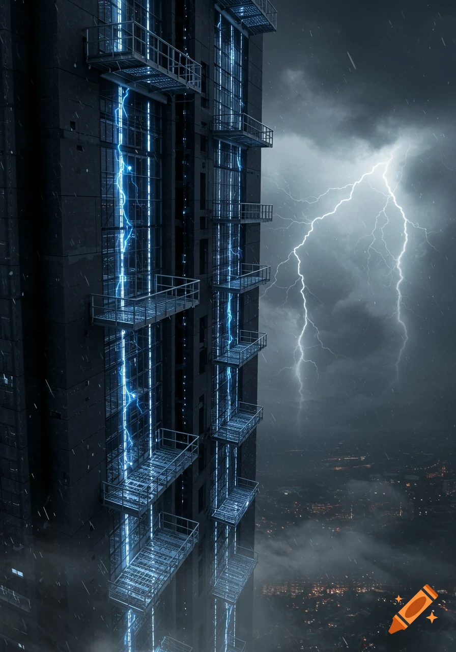 A tall, dark skyscraper with glowing blue vertical lights and metal platforms, stands amidst a rainy thunderstorm with striking lightning.
