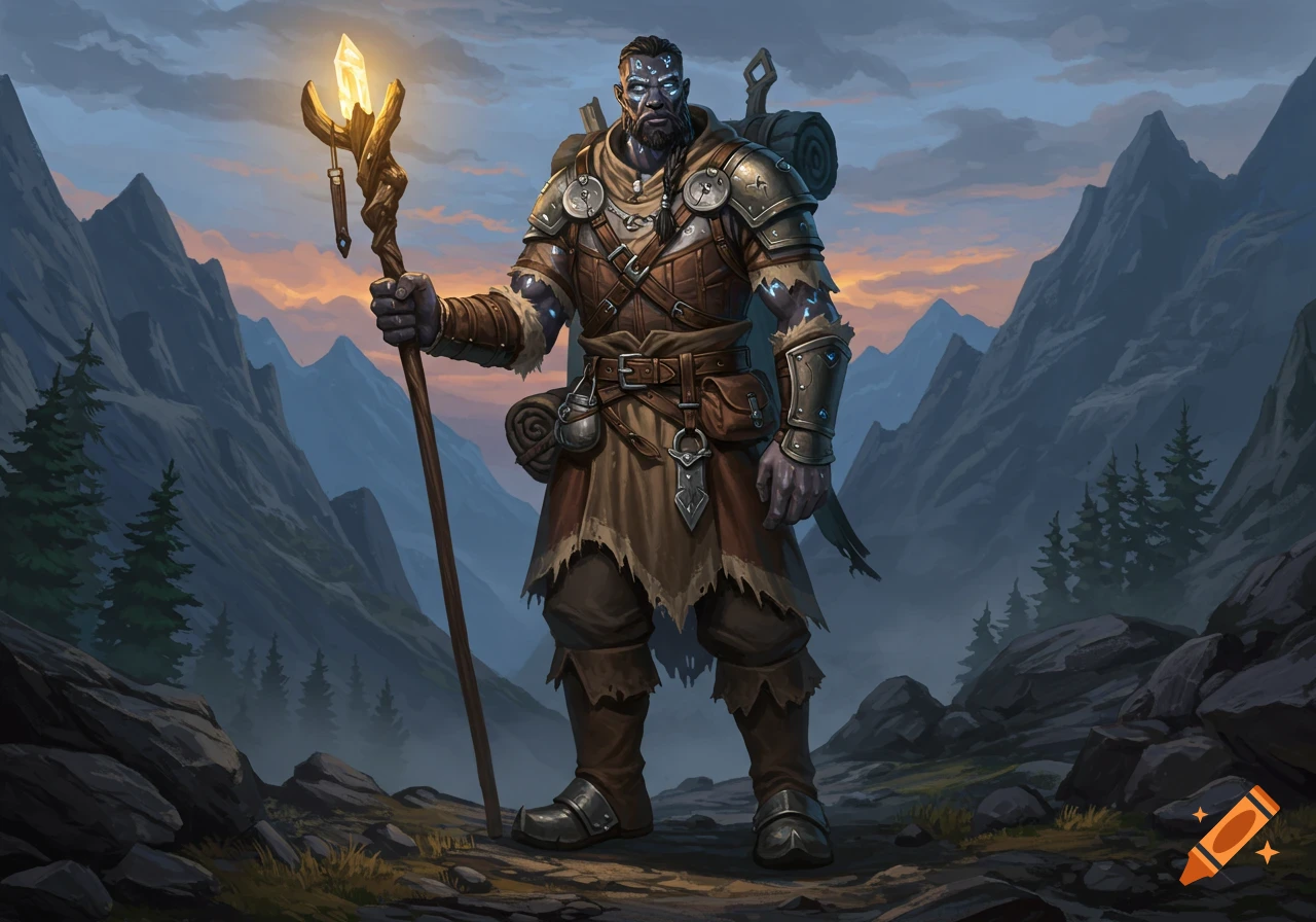 A formidable armored giant mage with glowing eyes stands holding a magical staff against a mountain sunset.