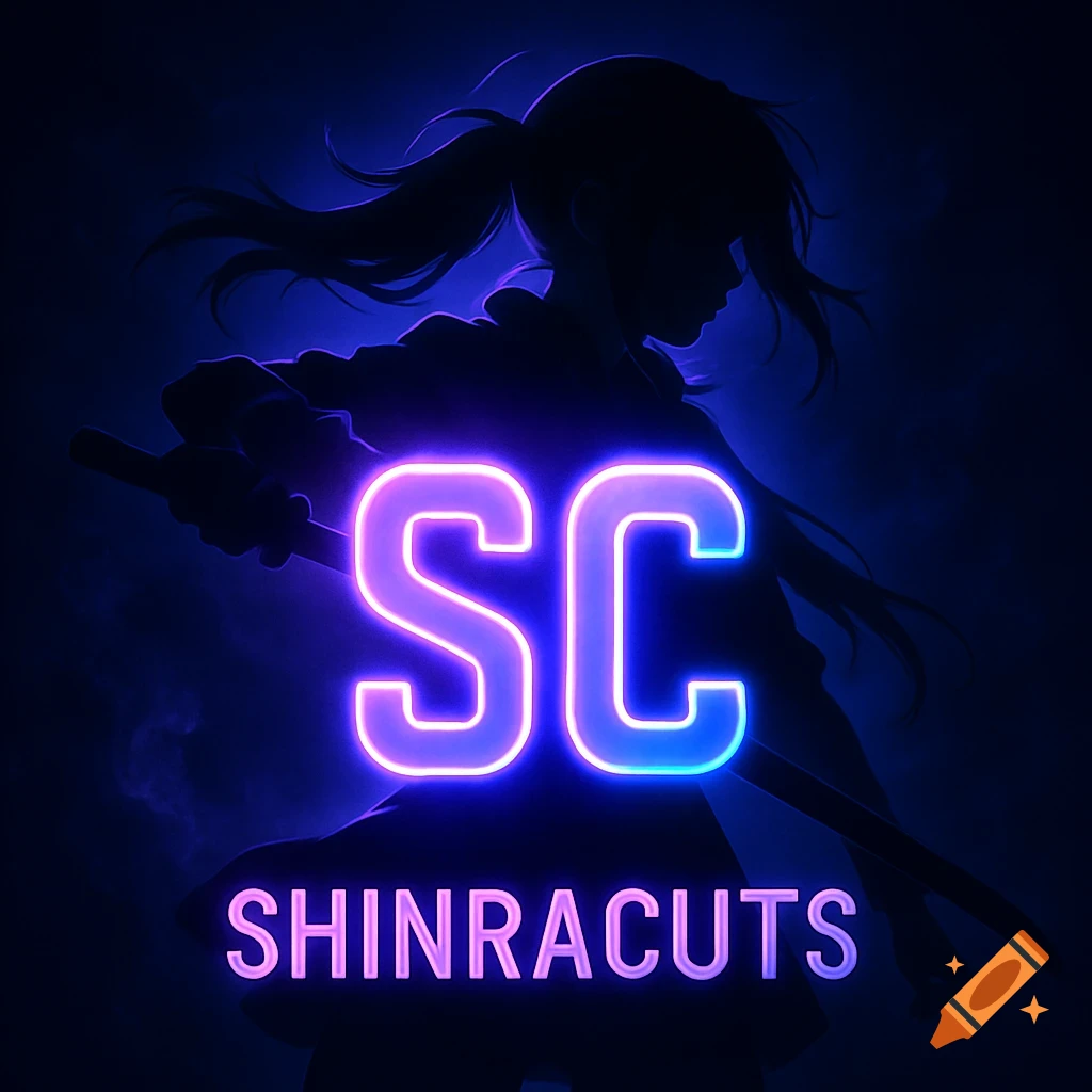 Anime girl silhouette with katana and glowing neon 'SC' and 'SHINRACUTS' text on a dark blue background.