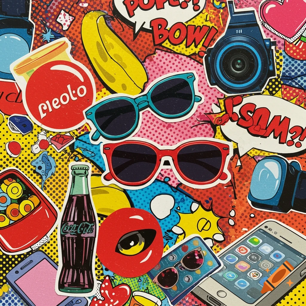 A vibrant Pop Art collage featuring sunglasses, a banana, a camera, a Coca-Cola bottle, a smartphone, and speech bubbles.