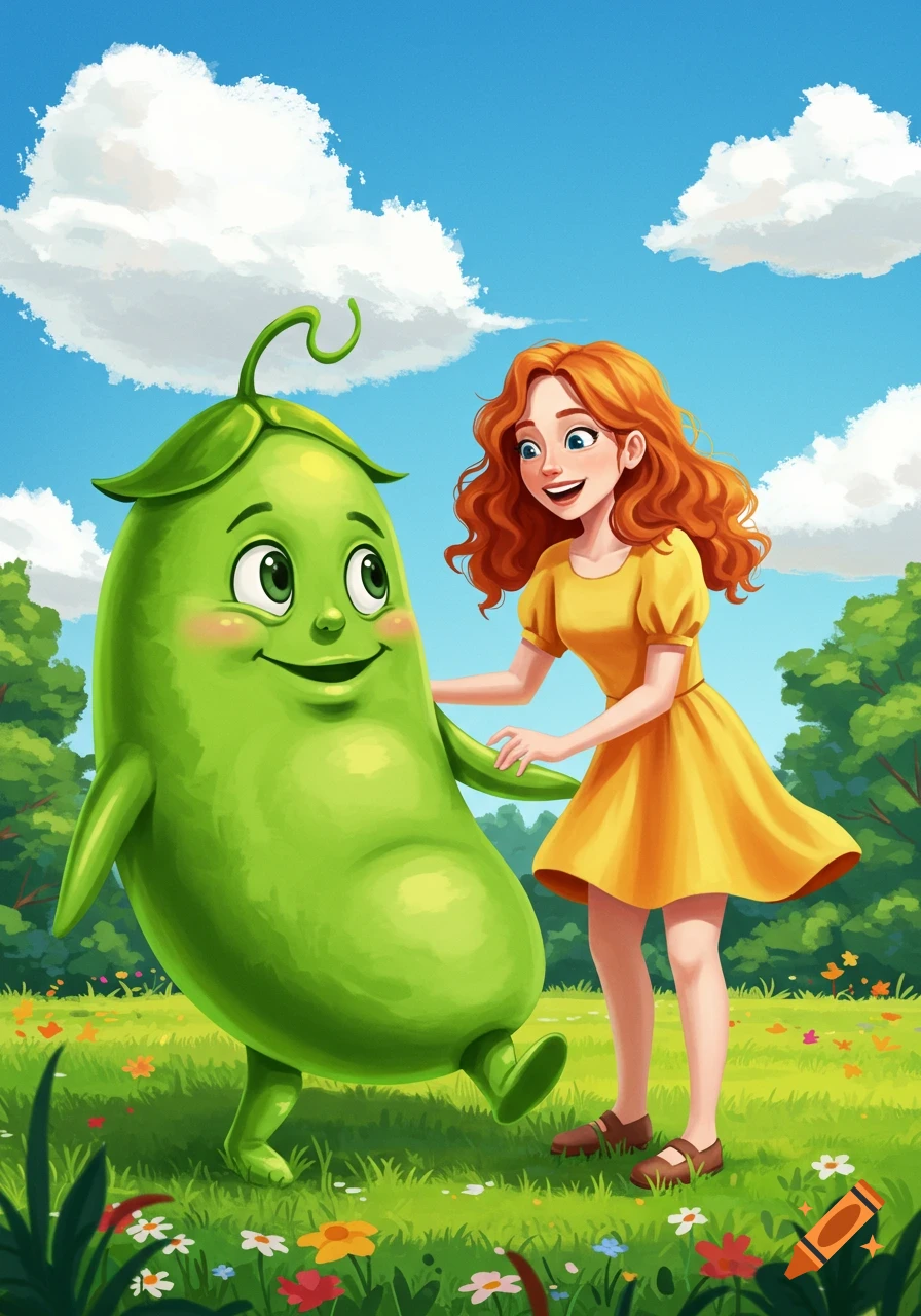 Cartoon illustration of a joyful red-haired girl in a yellow dress playing with a large green anthropomorphic pea in a sunny field.