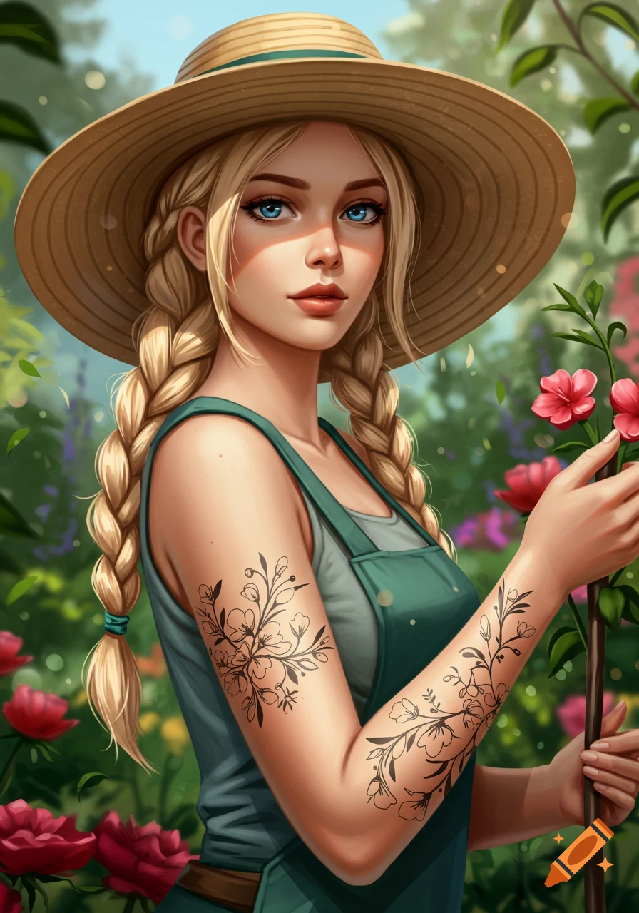 A blonde woman in a straw hat and green overalls tending flowers in a lush garden, with floral tattoos on her arms.