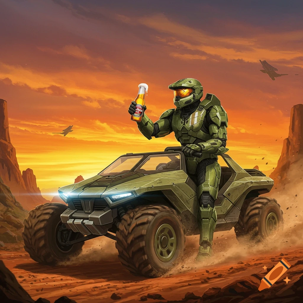 Master Chief in green armor drives a green ATV in a desert at sunset, holding a beer bottle, with jets in the orange sky. Digital illustration.