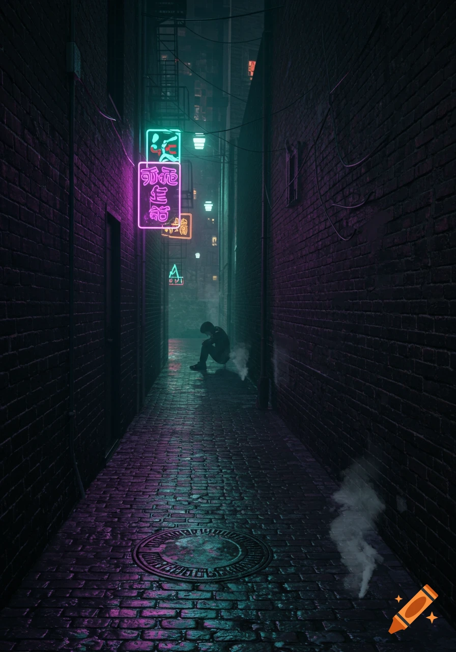 A dark, narrow urban alley at night, lit by purple and turquoise neon signs, with a lone figure sitting on the cobblestone ground.