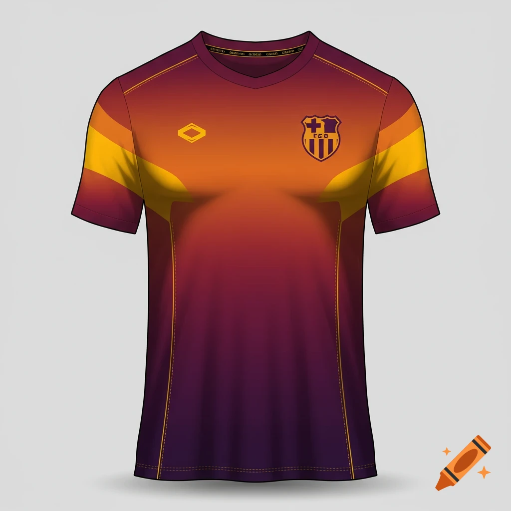 A soccer t-shirt with a gradient design from sunset yellow to wine red, featuring dark purple accents and stripes on the sleeves. A shield emblem with 'F.C.O' is on the chest.