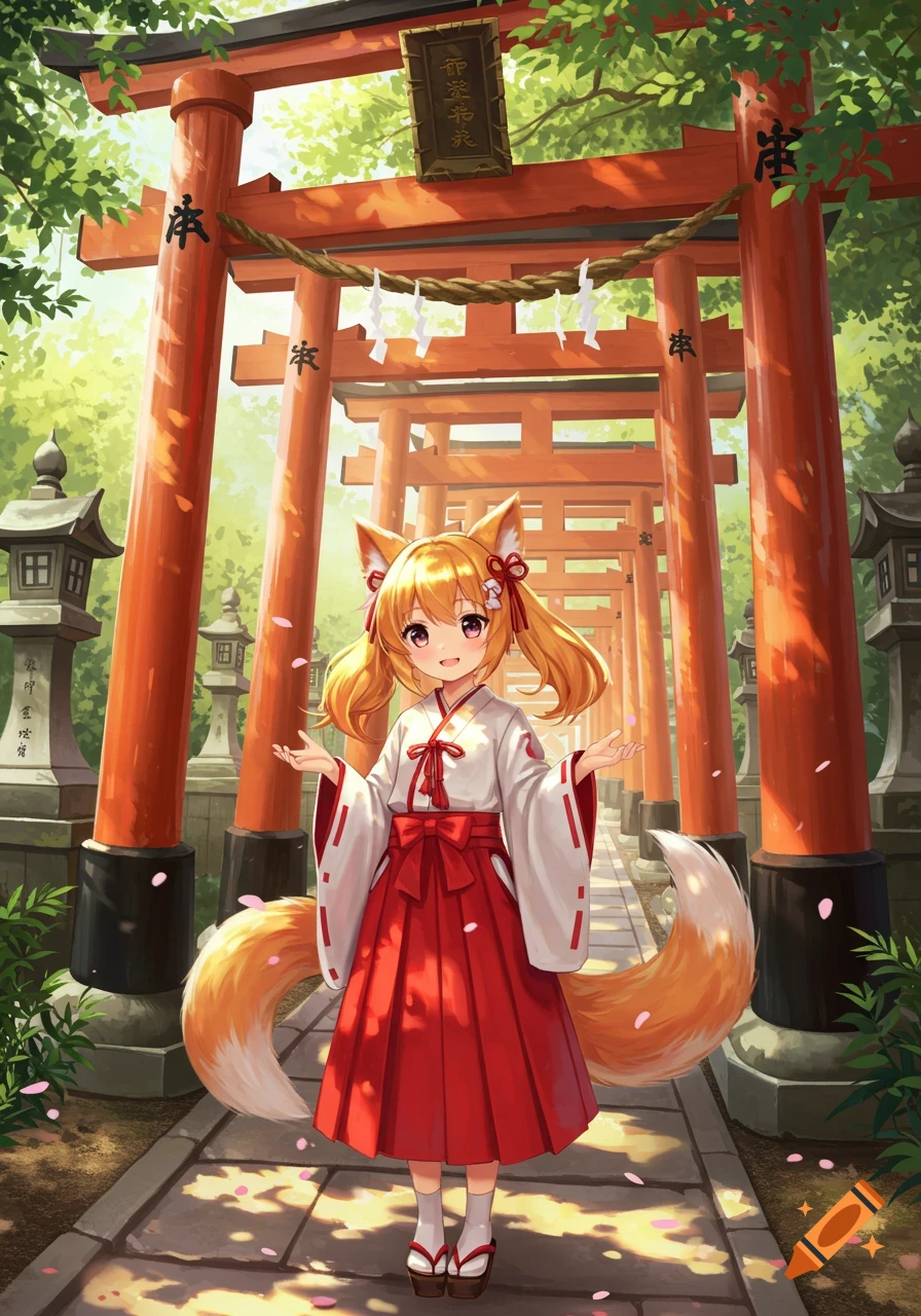 A cute anime miko girl with fox ears and a fluffy tail stands in front of red torii gates at a Japanese shrine.