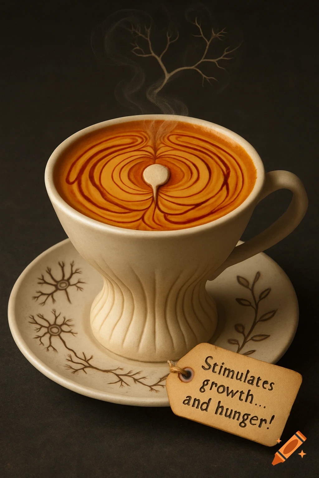 Conceptual latte in a brain-stem cup with pituitary foam art and steam forming neuron branches. A tag reads 'Stimulates growth... and hunger!'.